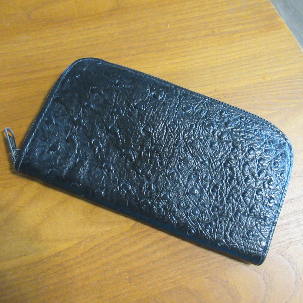 Black Faux Ostrich Clutch Wallet Black Zip Around Credit Cards Coin Lined